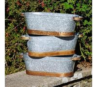 3x Large 61cm Galvanised Metal Trough Planters with Handles - Antique Bronze Rim Rustic Flower Pots for Outdoor Garden, Patio or Balcony - Vintage Style Metal Plant Containers - Set of 3