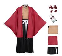 (3X-Large) Sunfire Samurai Robe - Red/Black Flame Pattern Kimono with Nichirin Sword Prop, Taisho-era Demon Slayer Cosplay Set
