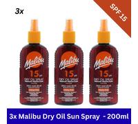 3x Malibu Sun Non Greasy Waterproof Dry Oil Spray For Tanning. SPF 15 - 200ml