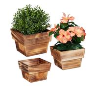 3x Plant Pot Flower Container Flamed Wood for Outside & Inside Square Decorative