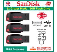 3x SanDisk Cruzer Blade 16GB USB 2.0 Flash Drive, Type-A, SDCZ50-016G-B35, Bulk