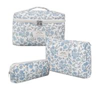 3X Travel Cosmetic Bag Set, Floral Toiletry Bag, Cotton Quilted Makeup Bag, Large Travel Cosmetic Bag Set, Makeup Organizer Bag Stylish Floral Design Quality Cotton Fabric Great Gift for Women, Girls