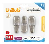 3X Unibulb Pygmy E14 100Lm 15W 2800K (Warm White) Incandescent Dimmable Light Bulbs For Fridge, Freezer, Oven, & Salt Lamps