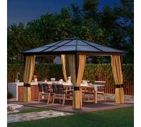 Outsunny 3x3.6m Garden Gazebo Tent w/ Magnet LED Solar Light Outdoor Sunshade - Brown - Aluminum alloy - 3.6m x 3m x 2.6m