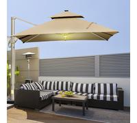Outsunny 3 x 3(m) Cantilever Roma Parasol Garden Sun Umbrella, Two-tier 250g Polyester Sun Shade with LED Solar Light, Aluminium Frame, Cross Base 360° Rotating Khaki