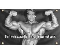 3x5 Feet Schwarzenegger Polyester Flag - Start Wide Expand Further and Never Look Back - Inspirational Office Gym Wall Single Sided Decor Flag with 4 Brass Grommets - Arnold Gym Motivational Poster
