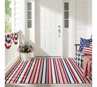 3x5ft Patriotic Outdoor Rug Waterproof Plastic Straw Patio Mat Reversible Red White and Blue Striped Area Rug for Camping RV Porch Deck Backyard 4th of July Independence Day Decorations(Strrp)
