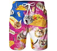 3XL Mesh Lining Beach Swim Trunks for Men Pink & Blue Taco Pizza Cat Printed Long Board Shorts with Elastic Waist Quick Dry Hawaiian Beach Bathing Suits Man Casual Sports Boardshorts, Kitten XXXL,