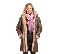 Infinity Women's Brown Long Winter Hooded Real Shearling Sheepskin Leather Duffle Coat 3XL