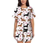 3XL Women's Short-Sleeved Pajama Set – Romantic Dachshunds Print Pajamas for Fall Winter, Button Down Loungewear, Casual Wear Black