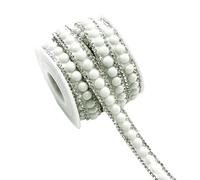 3Yards Glass Rhinestone Diamond Ribbons White,Self Adhesive Ceramics Pearl Rhinestone Strips,Bling Stickers Wrap Crystal Roll for Glitter Clothes,1CM