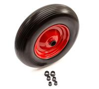 4.00-8 PU Red Metal Wheel & Tyre Solid Flat Free 15 Inch Wheelbarrow Puncture Proof Includes 25/20/16/13mm Bore Bush Set 75mm Hub Reducer Bushes Wheel Barrow Replaces 400-8, 4.00x8