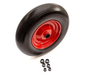 4.00-8 PU Red Metal Wheel & Tyre Solid Flat Free 15 Inch Wheelbarrow Puncture Proof Includes 26mm / 20mm /16mm / 12mm Bore Reducer Bushes Wheel Barrow Replaces 400-8, 4.00x8