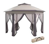 4.05x4.05M Metal Frame Mesh Draped 2-Tier Roof Gazebo Brown Outdoor Shelter