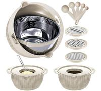 4-1 Colander with Bowl Set - Rotatable Colander Bowl with Measuring Spoons - Fruit Strainer Bowl, Food Strainers and Colanders Funny Presents for Women, Aesthetic Kitchen Gadget Essentials - Beige