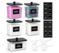 4+1 Pack Laundry Storage Containers with Wooden Lids, Laundry Detergent Storage Containers, Clear Acrylic Canisters for Detergent Pods, Scent Boosters and Dryer Sheets, Includes 4 Scoops and Labels