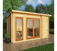 4.1mx3m Mercia Studio Pent Log Cabin With Side Shed - 44mm Logs - UPVC Windows and Door - Oak
