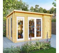 4.1mx3m Mercia Studio Pent Log Cabin With Side Shed - 44mm Logs - UPVC Windows and Door - White