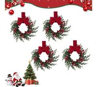 4/2 Pcs Mini Christmas Wreaths for Cabinet Kitchen Windows Decors, Small Artificial Norfolk Wreaths with Berry, Pine Cone & Red Bow, Cabinet Wreath for Fireplace Front Door Porch Wall Farmhouse (4cs)