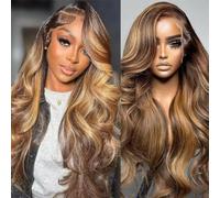4/27 Ombre Highlight Human Hair Wig For Black Women,Honey Blonde 200% Density 13x4 Body Wave HD Lace Front Wigs Human Hair Pre Plucked Natural Hairline With Baby Hair 20 Inch