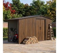 4.29 x8.43FT Metal Garden Storage Shed with Log Storage, Brown Wood Grain