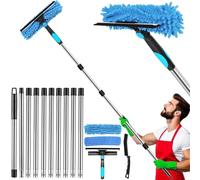 4.2m Window Squeegee Cleaning Equipment With Long Handle, 2-In-1 Telescopic Window Cleaner With Squeegee & Cleaning Cloths For High Windows Wall Shower Glass Mirror Door Car (Blue)
