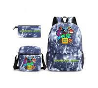 (4, 3Pcs Set) Geometry Dash Backpack Schoolbag Shoulder Bag Pencil Case Set for Kids Students