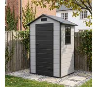 4.4 x 3.4FT Apex Roof Plastic Garden Storage Shed w/ Window & Lockable Hinge Door, Grey+Black Wood Grain Finish