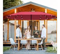 Outsunny 4.4m Double-Sided Sun Umbrella Garden Parasol Patio Sun Shade Outdoor with LED Solar Light, NO BASE INCLUDED, Khaki - Wine Red - 2.56m x 4.4m x 2.4m