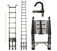 4.4M Heavy Duty Telescopic Ladders with Hooks, Multi-Purpose Folding Ladder 14 Steps Stainless Steel Telescoping Extension Ladders, for Indoor Outdoor Roof Work Decoration, Max Load 330Lb