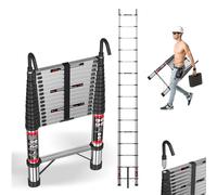 4.4M Stainless Steel Ladder with Hooks, 14.4FT Telescope Ladder with Safety Lock, Anti-slip Thickened Stainless Steel, 330lbs load, Portable Folding Ladders for Home and Construction Use