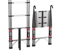 4.4M Stainless Steel Telescoping Ladder with Detachable Hooks Telescopic Extension Ladder Retraction Collapsible Ladder Portable Folding Lightweight, Capacity 330LBS