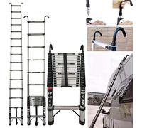 4.4M Telescopic Ladder with Hooks, Stainless Steel Folding Extension Ladder 14.4FT, Non-Slip Feet, Load 150kg/330lb, Multi-Purpose Collapsible Ladder for Household Outdoor Working