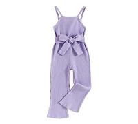 4-5 Years Toddler Girls Ribbed Bib Jumpsuit Soft Cotton Overalls Spaghetti Strap Bow Belt Bell Bottoms Dungarees Jumpsuit for Baby Kids #001_Purple sale clearance