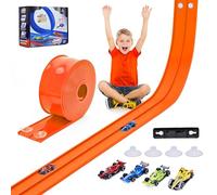 4.5m Flexible Race Car Track for Kids, Double-Sided Racetrack and Dual Racetrack,Compatible with 1:64 Diecast Cars, Portable Roll Up Track Toy for 3 4 5 6 7 8 Year Old Boys (Orange)