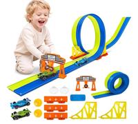 4.5M Flexible Race Track with 2 Ramps 2 Cars 4 Suction Cups | Flexible Car Track with a Terminal Station for Loops, Jumps, Ramps for Windows, Doors, Gift for Boys and Girls Age 3 to 8