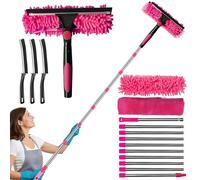 4.5M Window Cleaning Kit, Extra Long 2-in-1 Extendable Window Cleaning Equipment with Microfiber Cloth Squeegee Strips for High Windows, Walls & Cars (rose)