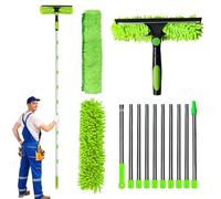 4.5M Window Squeegee Cleaner Tool Kit with Long Handle, 2 in 1 Extendable Window Cleaning Kit with Squeegee and Microfiber Cloth for Indoor/Outdoor High Window, Wall and Car (Green)