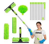 4.5M Window Squeegee Cleaner Tool Kit with Long Handle, 2 in 1 Window Cleaning Squeegee and Microfiber Cloth/Spider Web Brush/10 7egmented Threaded Irons for Indoor/Outdoor (Green)