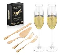 4/6Pcs Mr and Mrs Glass Champagne Flutes, Stainless Steel Wedding Cake Knife and Server Set, Symbolic Engravings, Gold Elegant Cake Cutting Utensils for Bridal Shower Engagements Anniversaries (6pcs)