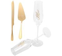 4/6Pcs Mr and Mrs Glass Champagne Flutes, Stainless Steel Wedding Cake Knife and Server Set, Symbolic Engravings, Gold Elegant Cake Cutting Utensils for Bridal Shower Engagements Anniversaries (4pcs)