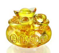 4.7'' Handmade Crystal Glass Golden Treasure Basin, Large Wealth Bowl with 41 Gold Ingots, Feng Shui Prosperity Money Bowl for Home Office Decor