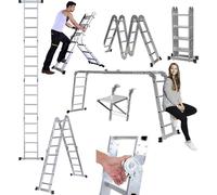 4.7m Aluminum Folding Decorating Scaffold Ladder with 16-Step Trestle, 150kg EN131, Safety Tray, Multi-Position, Non-Slip Feet