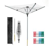4 Arm 60m Rotary Washing Line, Outdoor Clothes Airer with Ground Spike & Protective Cover, UV-Resistant & Non-Slip Lining, Smooth Turns Umbrella System (Grey Pole)