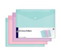 Anker Tech A4 Document Wallets – 4 Plastic Stud Popper Carry Folders, Assorted Pastel (Pink/Aqua)