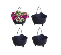 4 Black Plastic Cauldron Planters With Handle Small Round Pot 26cm