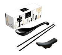4 Black Ramen Spoons, 4 Chopsticks and 4 Stands. 12 Pieces Asian Soup Spoons. Not Overpriced. Unbreakable Melamine Made. for Japanese and Chinese Food: Ramen, Wonton, Sushi, Miso, Rice, Pho Soup.