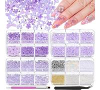 4 Boxes 3D Bow & Flower Nail Charms and Gems, Transparent/Solid Mini Bow Charms Purple Flowers Clear Rhinestones White Pearls Aurora Bubble Beads Gold/Silver Caviar Beads with Pickup Tools