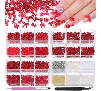 4 Boxes 3D Bow & Flower Nail Charms and Gems, Transparent/Solid Mini Bow Charms Red Flowers Clear Rhinestones White Pearls Aurora Bubble Beads Gold/Silver Caviar Beads with Pickup Tools