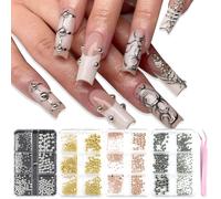 4 Boxes Mixed Sizes Flat Back Steel Beads 3D Nail Charms Kit Gold Silver Rose Gold Black Half Round Metal Caviar Beads Balls with Pickup Tweezers Manicure DIY Craft Decorations